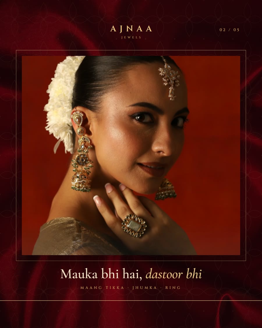 Ajnaa Jewels carousel slide: a woman in kundan jewellery against red silk.
