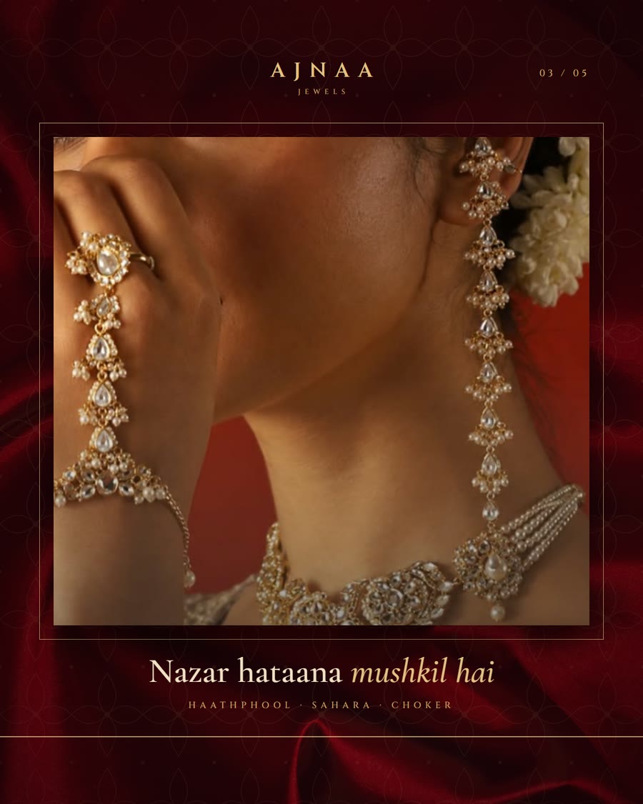 Carousel slide three: haathphool, sahara and choker, with the line Nazar hataana mushkil hai.
