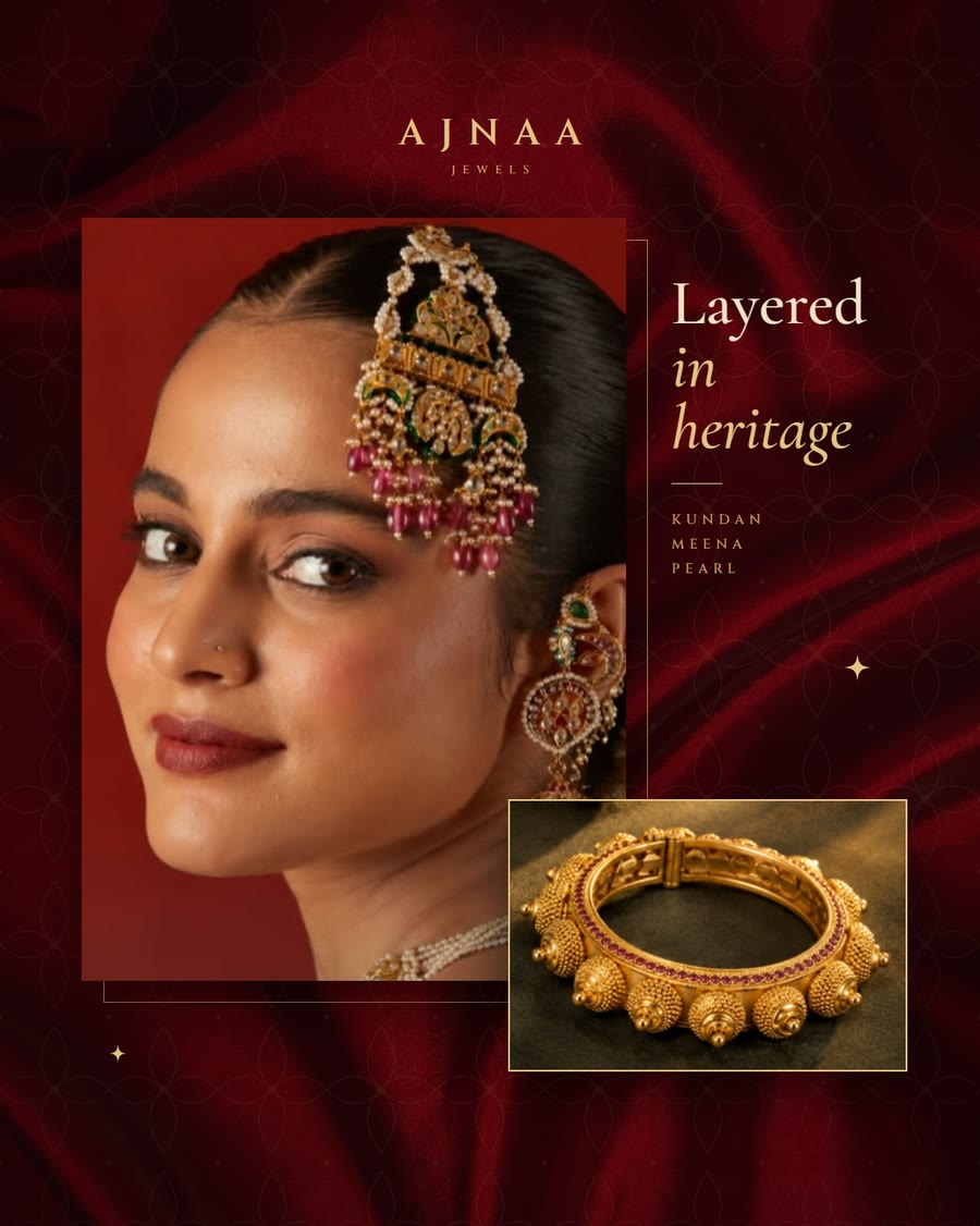 Feed post: Layered in heritage, a portrait with a gold bangle inset.