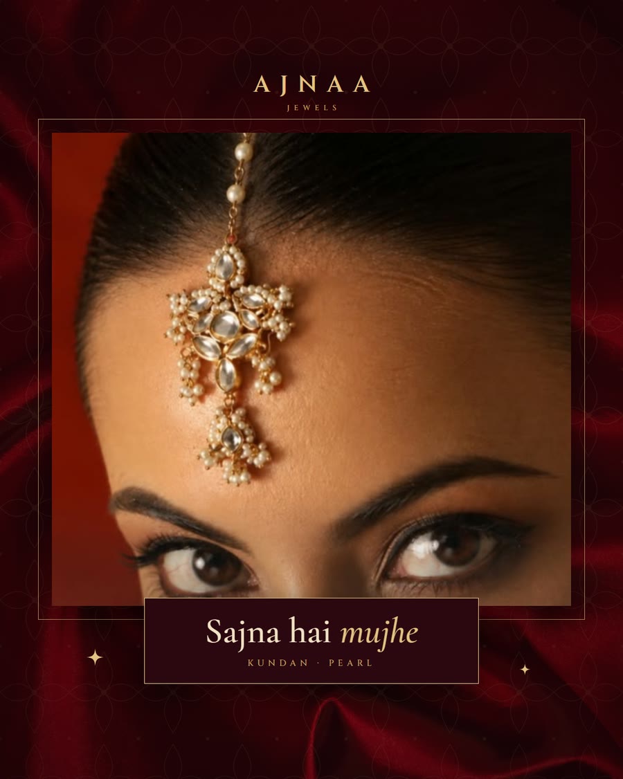 Feed post: close crop of a maang tikka, with the line Sajna hai mujhe.