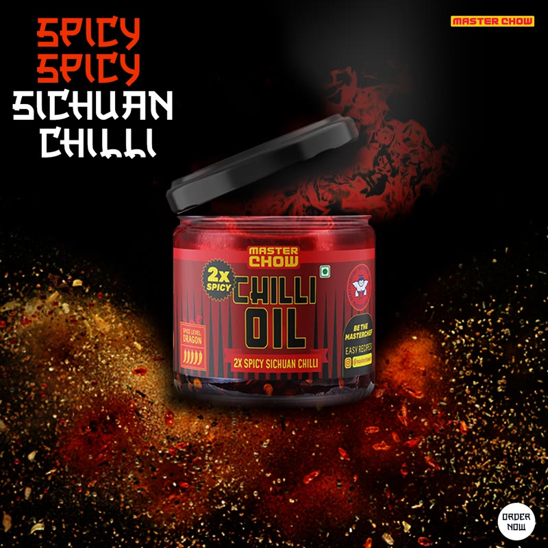 Ad for a spicy Sichuan chilli oil jar bursting with red spice.