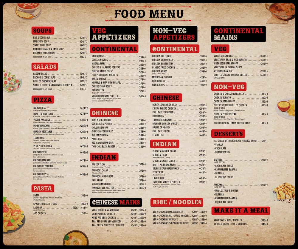 Restaurant food menu on parchment texture.
