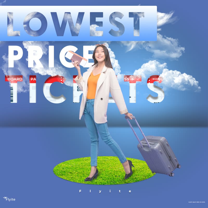 Lowest Price Tickets ad with a traveller and clouds.
