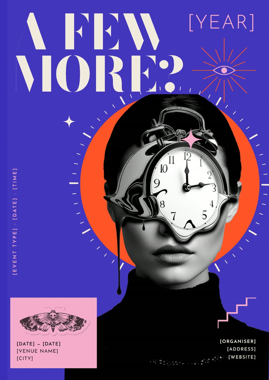 A Few More poster in violet: a melting alarm clock replaces a woman's eyes.