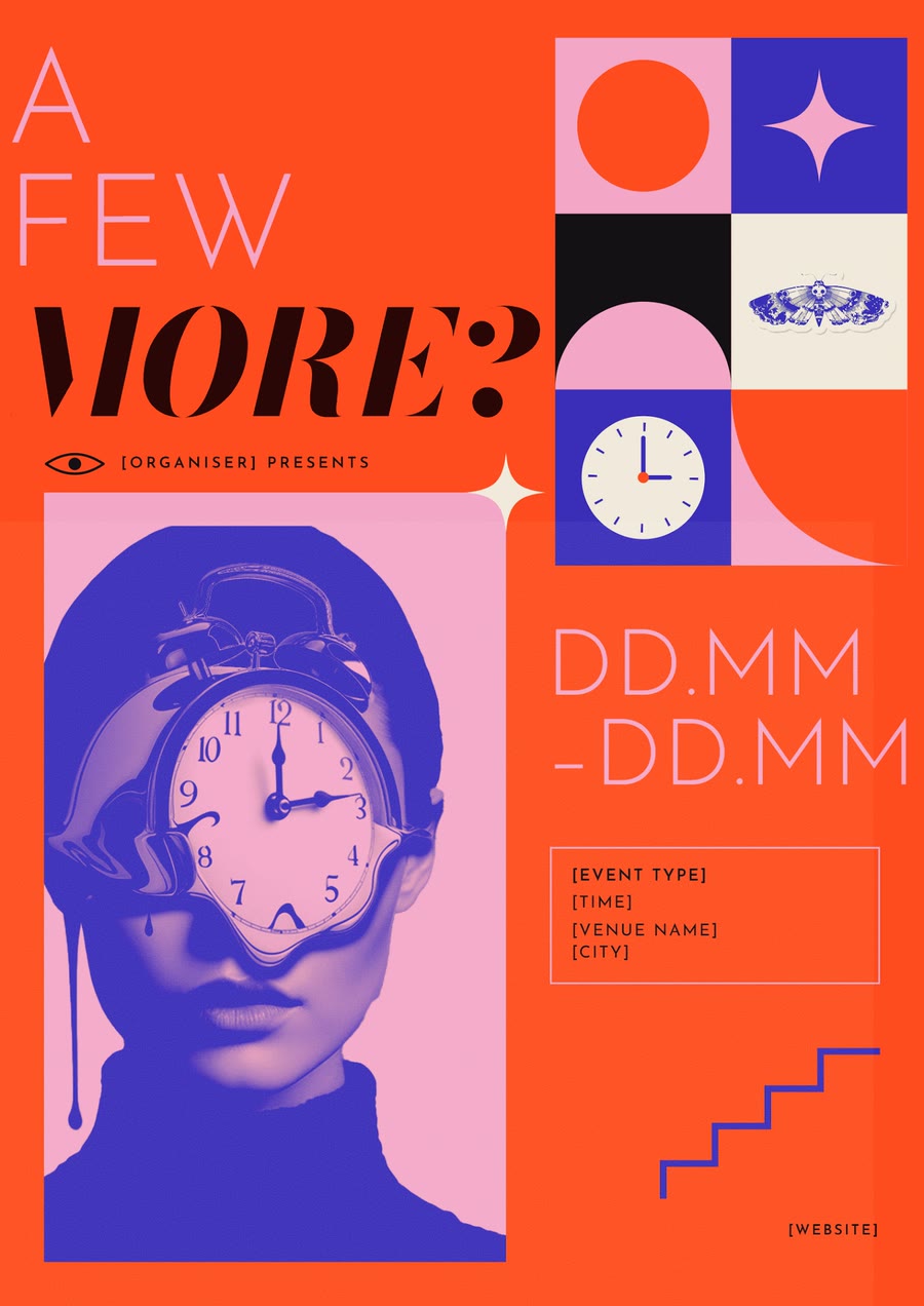 A Few More poster in orange with a geometric panel.