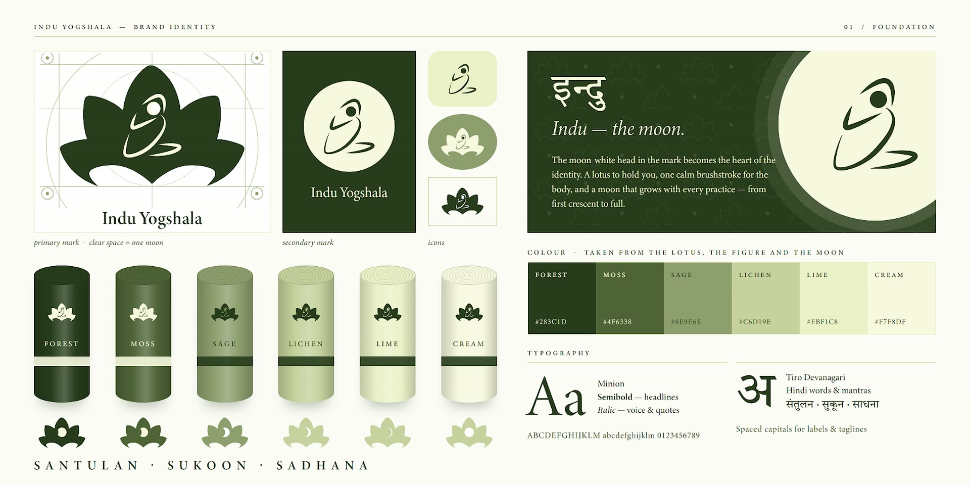 Indu Yogshala brand sheet: lotus mark, secondary marks, six green colour tints and type choices.
