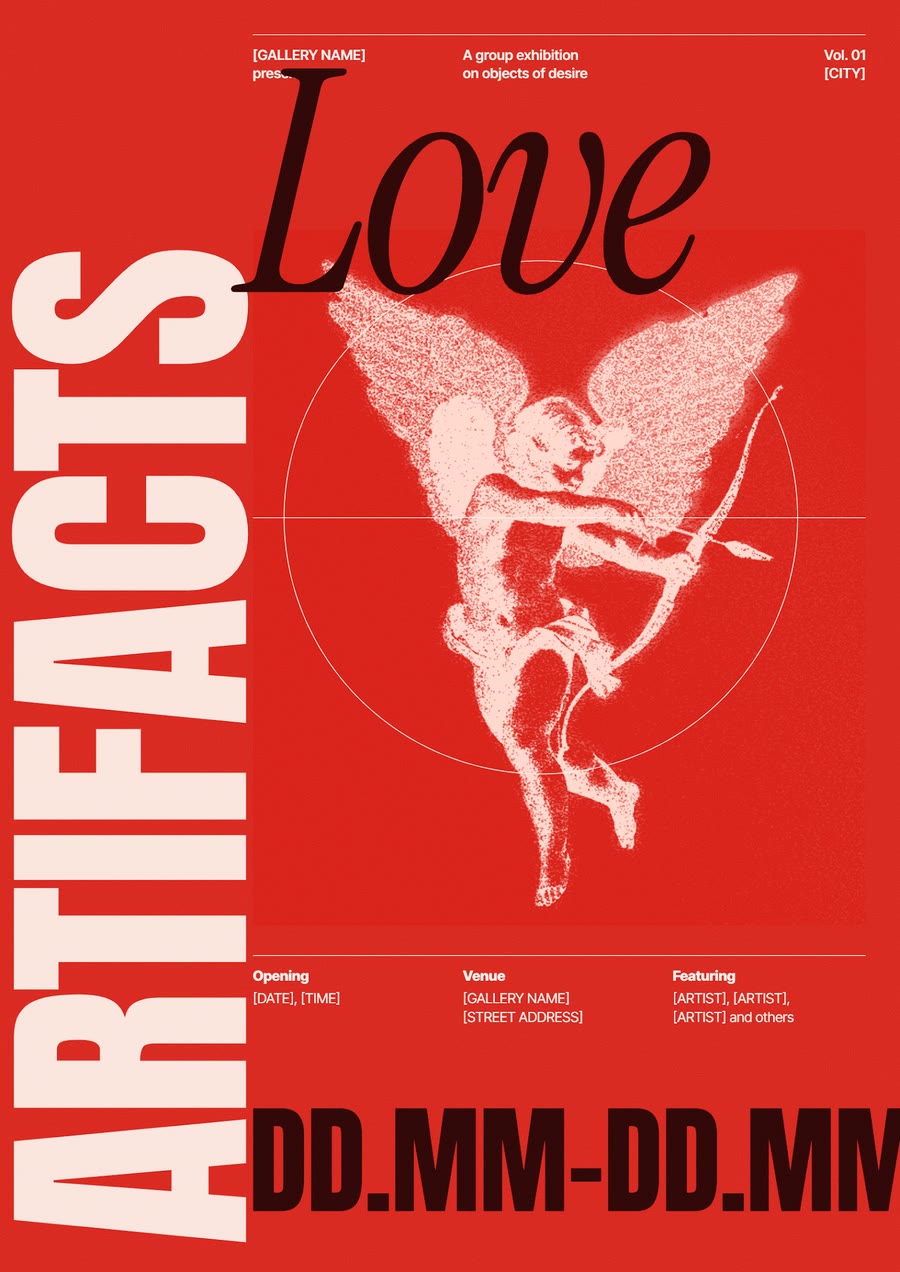 Love Artifacts poster in signal red with a halftone cupid.