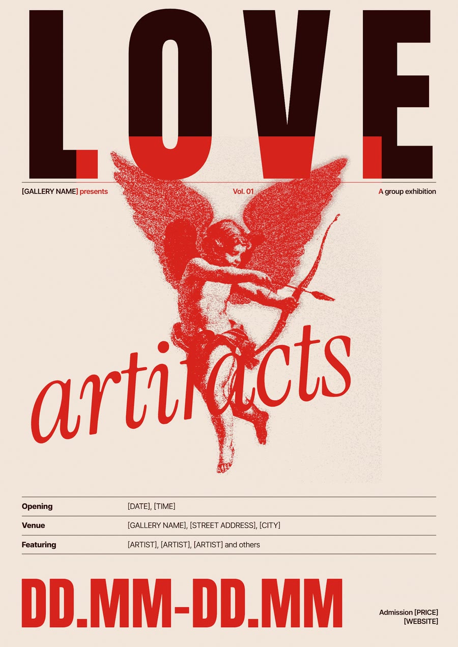 Love Artifacts poster in red ink on cream.