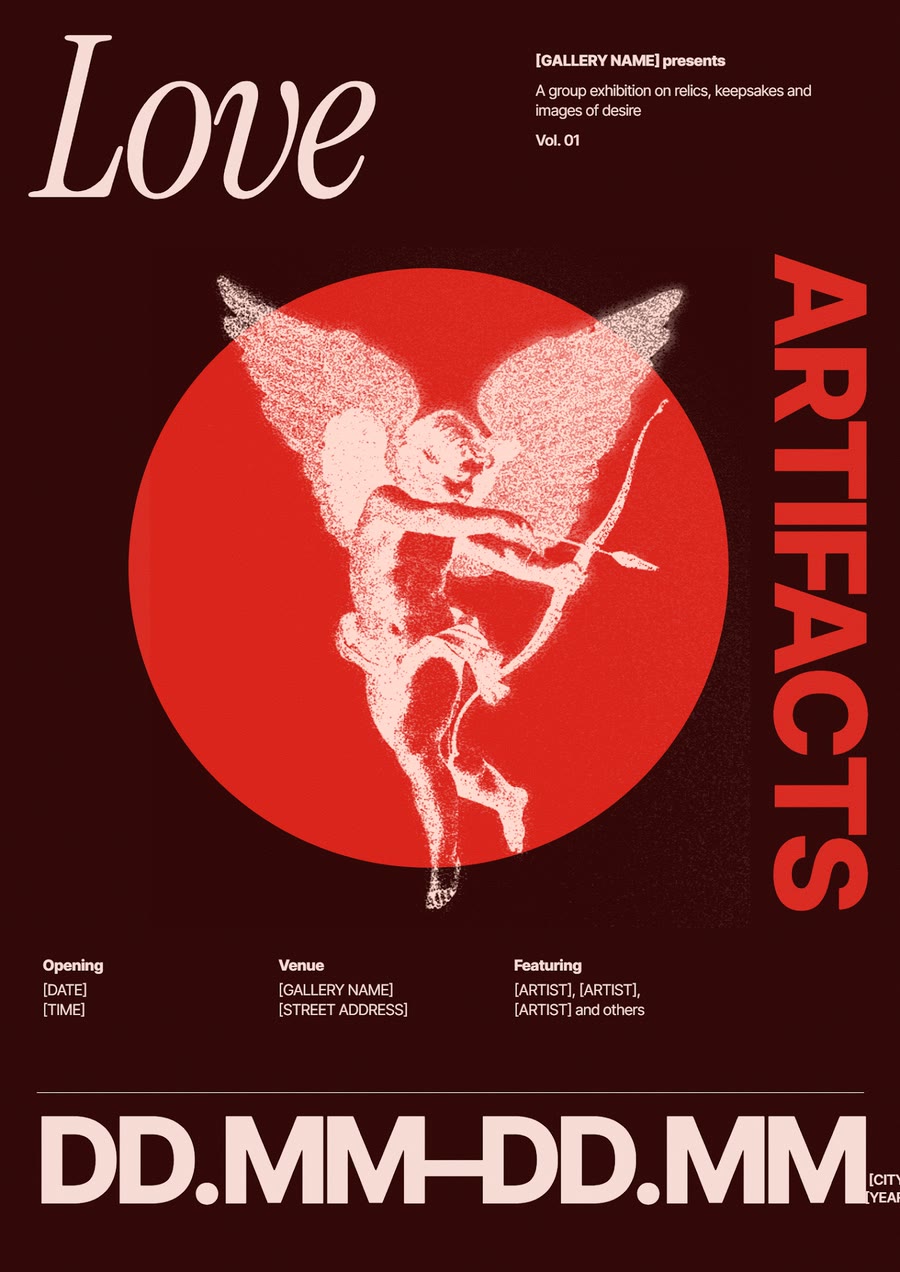 Love Artifacts poster in oxblood with a red circle.